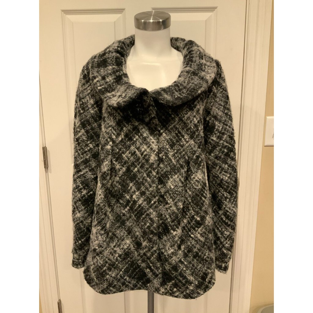 Rebecca Taylor Black & Gray Tweed Button-Up Wool Coat W/ Rosette, Size 12